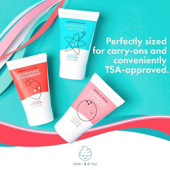 Dabble & Dollop Strawberry Lotion, Layering Lotion, Hydrating Scented Lotions for Kids, All-Natural, Dermatologist Tested, Vegan & Cruelty-Free (3.4oz, Pack of 2)