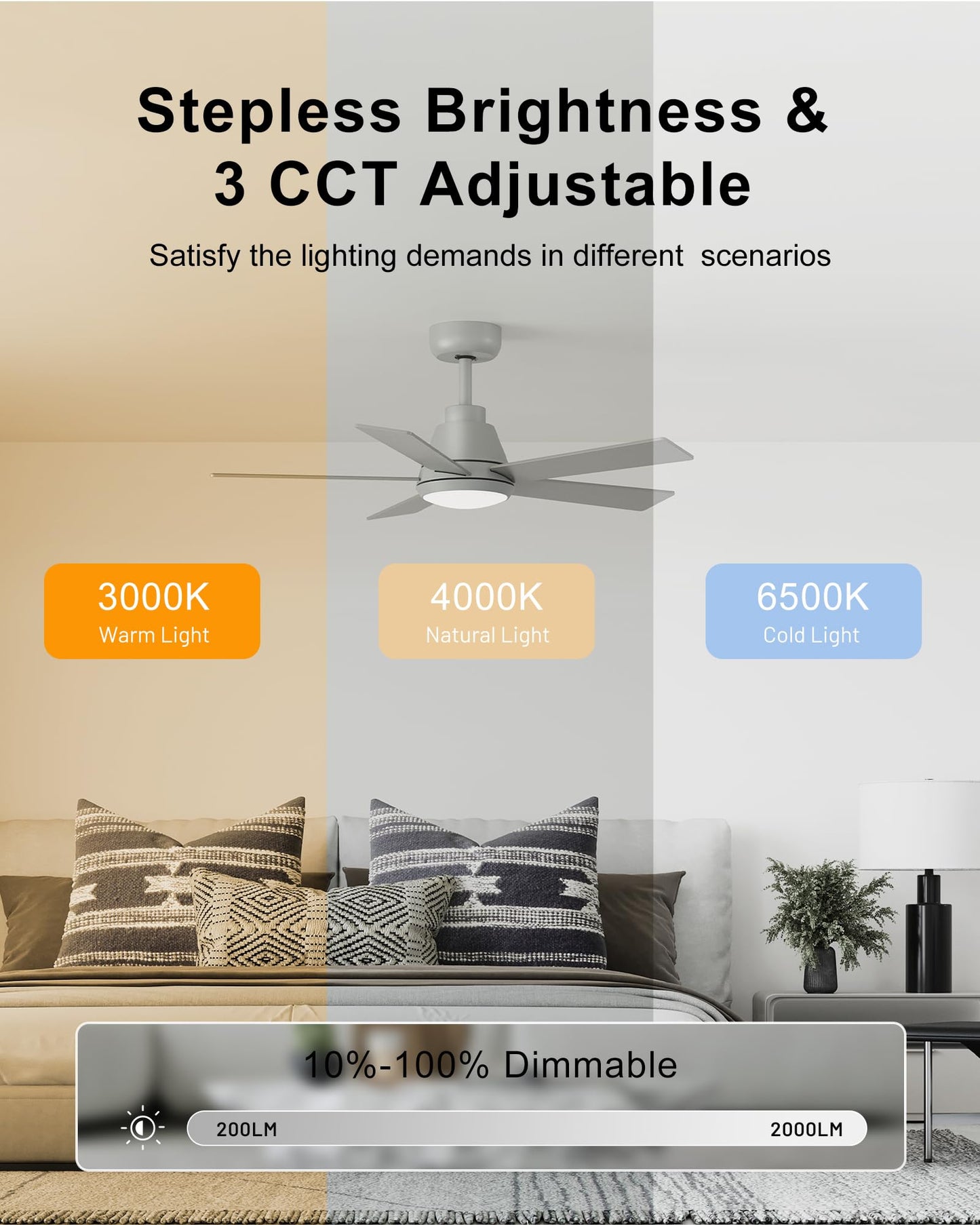 Cubicubi Ceiling Fan, 42 Silver Ceiling Fans With Lights And Remote/App Control, Quiet, 3000-6500K Dimmable, Modern Ceiling Fan