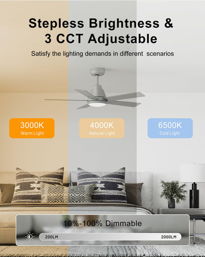 Cubicubi Ceiling Fan, 42 Silver Ceiling Fans With Lights And Remote/App Control, Quiet, 3000-6500K Dimmable, Modern Ceiling Fan