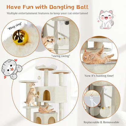 Sweetcrispy 54 Inch Cat Tree Tower, Multi-Level Tower with Cat Scratching Post, Indoor Cat Condo with Climbing Ladder, Plush Toy, Play House for Cat, Beige
