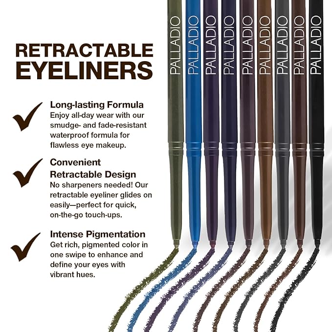 Palladio Retractable Waterproof Eyeliner, Richly Pigmented Color and Creamy, Slip Twist Up Pencil Eye Liner, Smudge Proof Long Lasting Application, All Day Wear, No Sharpener Required, Pure Black