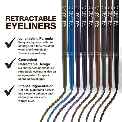Palladio Retractable Waterproof Eyeliner, Richly Pigmented Color and Creamy, Slip Twist Up Pencil Eye Liner, Smudge Proof Long Lasting Application, All Day Wear, No Sharpener Required, Pure Black