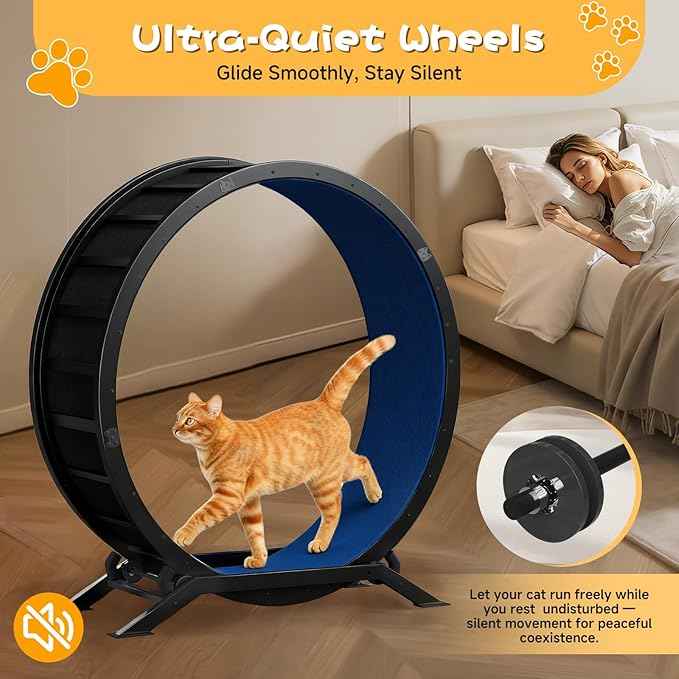 GTRACING Cat Wheels, 40" Diameter, Large Cat Exercise Wheel for Indoor Cats cat Treadmill Metal with Detachable Carpet & Teaser/Stickers, Ultra-Quiet Scroll Wheel with Latch, Safe and Stable, Blue