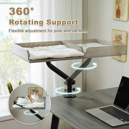 PAWZ Road Cat Desk Bed, Wooden Cat Bed for Desk Supports Up to 50 lbs, 360° Rotation & Adjustable, Nest Desktop Attachment Cats Hammock for Table, Gray