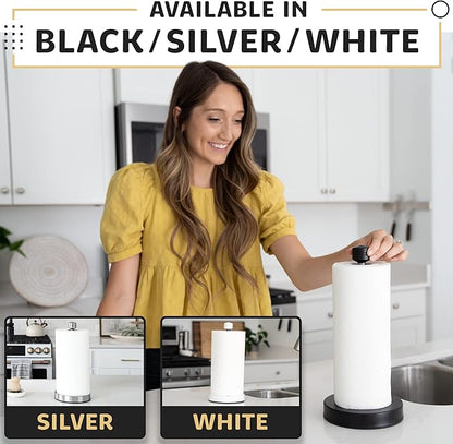 Dear Household Stainless Steel Paper Towel Holder Easy One-Handed Operation - This Sturdy Weighted Paper Towel Dispenser Countertop Model Has Suction Cups and Holds All Paper Towel Rolls - Silver