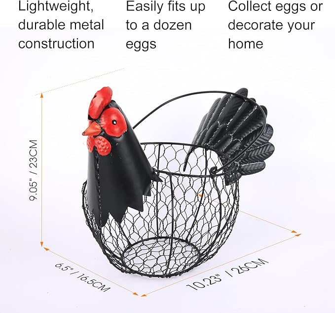 Chicken Egg Basket, Egg Collecting Baskets,Metal Wire Egg Basket with Handle, Farmhouse Chicken Decor, Rustic Black Rooster Chicken Shaped Fruit Bowl Countertop Holder for Home Kitchen Decoration