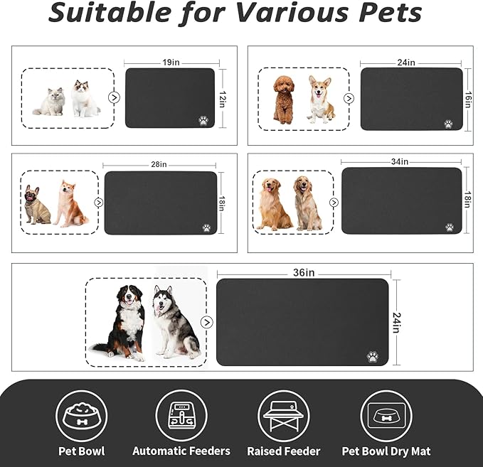 Dog Food Mat - Absorbent Cat Mat for Food and Water, No Stains Pet Feeding Bowl Mat, Easy to Clean Pet Placemats, Quick Dry Dog Water Dispenser Mat for Messy Drinkers | Paw Black 24"x 36"