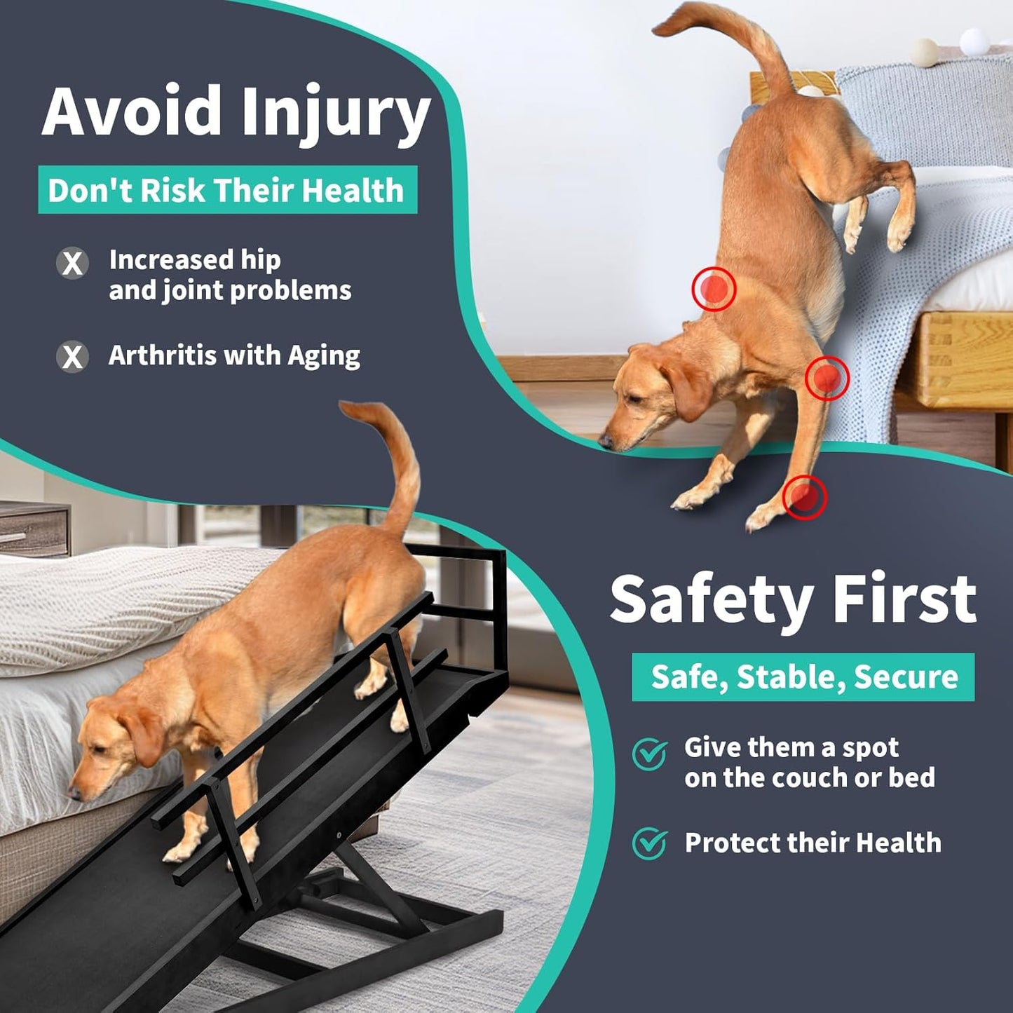 Dog Ramp, 5 Level Adjustable Wooden Folding Pet Ramp for Middle Bed, Couch,SUV-High Traction, Portable Paw Ramps for Small & Large Old Dogs & Cats - Furniture Quality