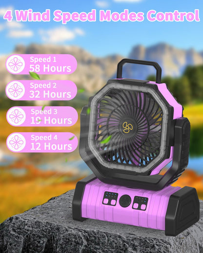 Adust Camping Battery Operated Powered Fan With Led Lantern Light Portable 20000Mah Rechargeable Oscillating Fan With 360 Rotati