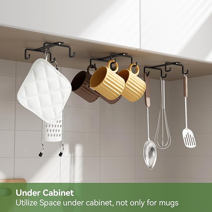 ECROCY Mug Hooks Under Cabinet Space-Saving, Easy Screw Mounting, Metal Coffee Cup Hooks 3 Pack(Dark Brown)