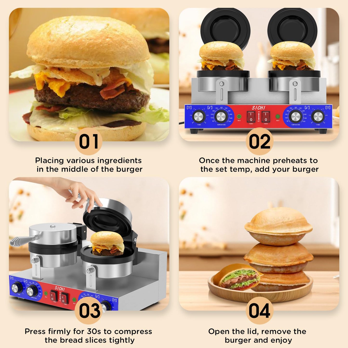 SICHI Ufo Burger Maker - Commercial Stainless Steel Machine, Adjustable Temperature & Timer, Dual Size, Red/Blue Model SZ-HW-4