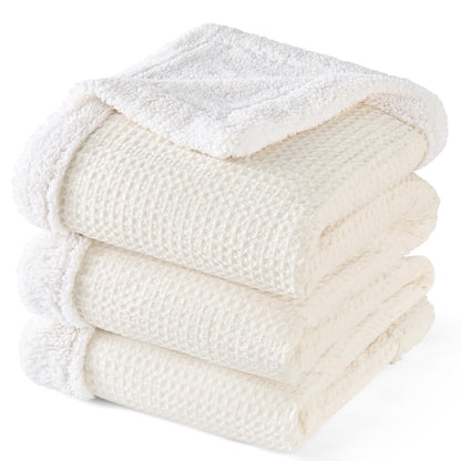PHF Waffle Sherpa Throw Blanket, 50x60 Inches Luxury Plush Flannel Blanket for Winter, No Shed No Pilling, Cozy Soft Reversible Waffle Weave Fleece Throws for Bed and Couch, Khaki