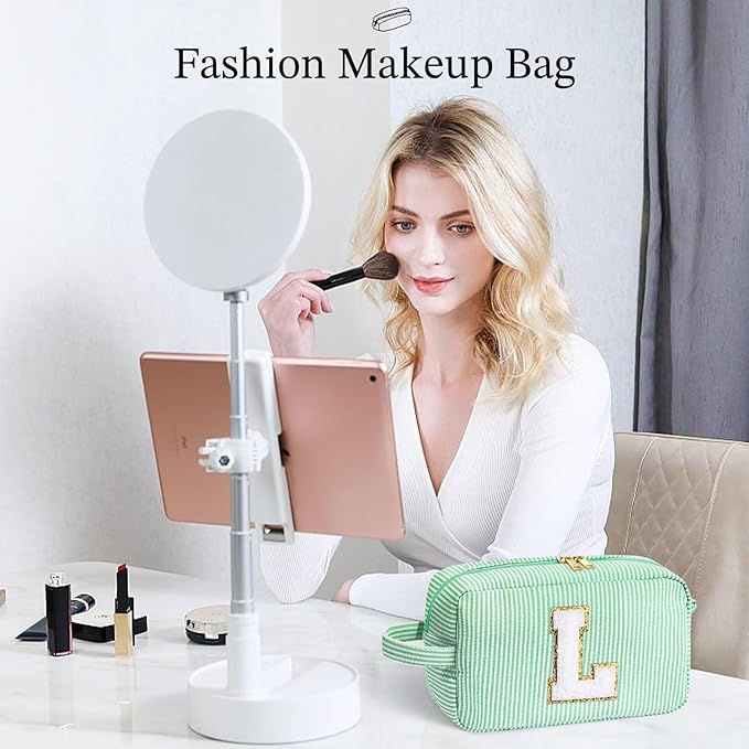 YOOLIFE Makeup Bag - Initial Makeup Bag Cosmetic Bag, Monogram Makeup Bags, Cosmetic Bag, Make Up Bag, Travel Toiletry Bag, Cute Makeup Pouch Makeup Case, Personalized Green Makeup Bags for Women L