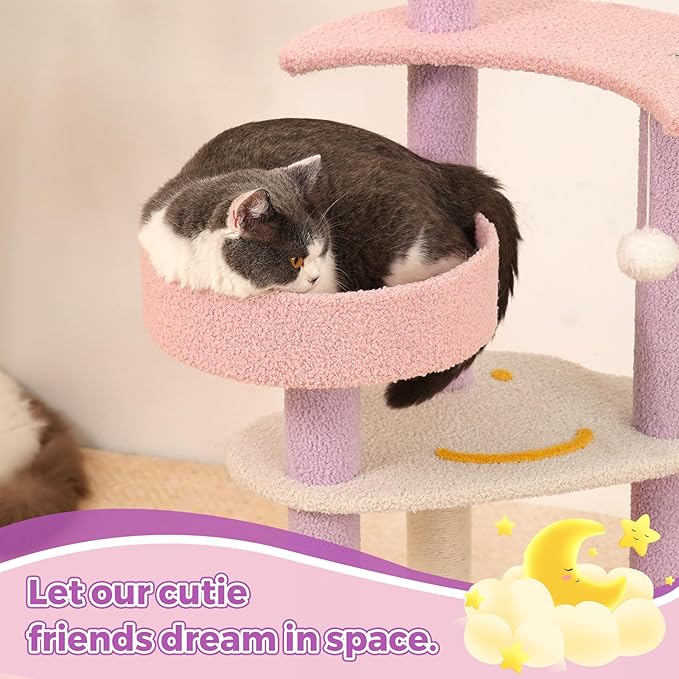 Moon Star Cat Tree, 47 in Tall Cat Cloud Tower with Cattery Sisal Scratching Post, Pink Purple Kittie Condo Cozy Fluffy 3 Pillars Kitten Tree for Small Meduim Cats Climbing Indoor Activity