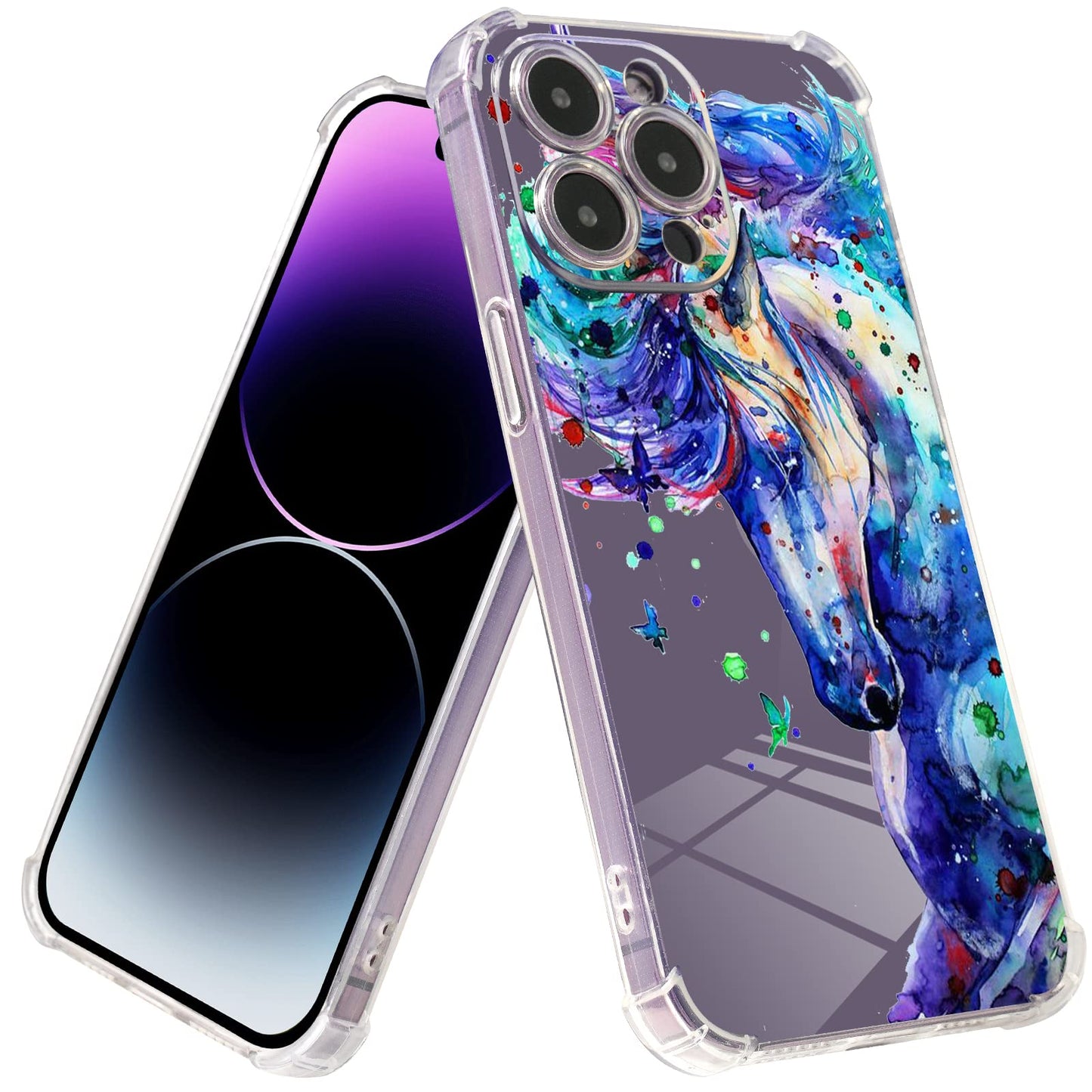 Roemary Purple Case For Iphone 12 With Blue Horse Design,Watercolor Pattern With Screen Protector [Buffertech 6.6 Ft Drop Impact