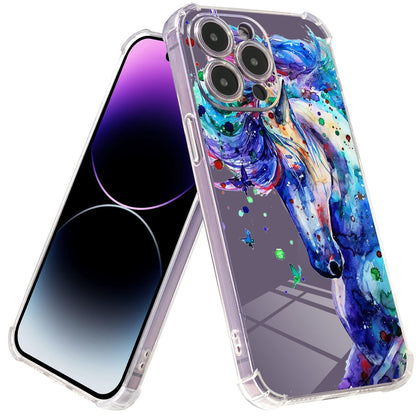 Roemary Purple Case For Iphone 12 With Blue Horse Design,Watercolor Pattern With Screen Protector [Buffertech 6.6 Ft Drop Impact