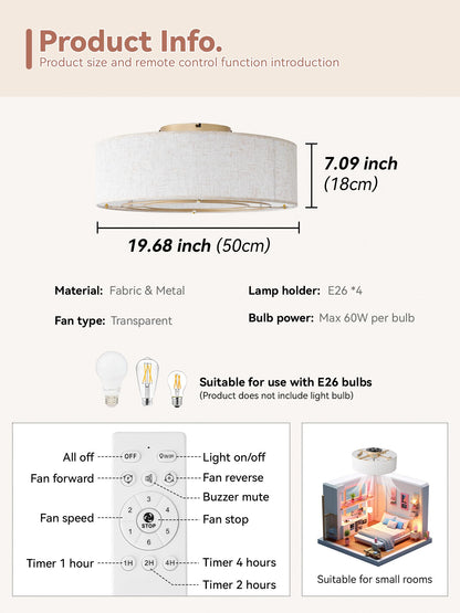 Ymkskj Low Profile Ceiling Fans With Lights, 20 Boho Rattan Ceiling Fan With Light Flush Mount And Remote Control, Drum Caged Wi