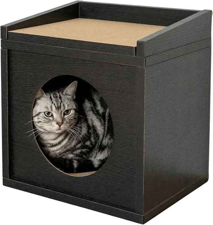 Meowdium Cat House – Cat Condo with Cardboard Scratcher, Scratching Post, Bed & Toy Storage, Cozy Cat Furniture & Accessories for Indoor Cats, Blackwood
