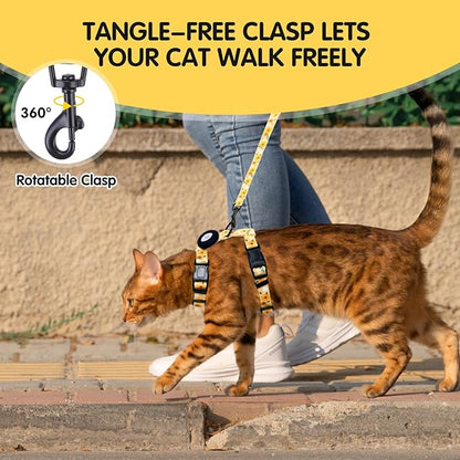 BINGPET Cat Harness with Airtag Holder, Cat Harness and Leash Set Escape Proof for Walking Travel Outdoor, Soft Adjustable Kitten Harnesses for Small Medium Large Cats, Yellow Flower(Chest:12.5"-18")