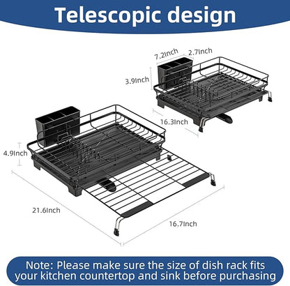 Extendable Dish Racks 16.3"-21.6" L x 16.7" W,Stainless Steel Dish Drying Rack for Kitchien Counter, Anti-Rust Dish Strainer with Cutlery Holde