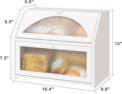 Bread Box, Bamboo Wood Bread Box for Kitchen Counter, Double-layer Bread Storage Bin, Acrylic glass with Diamond Patterns (White, Large)