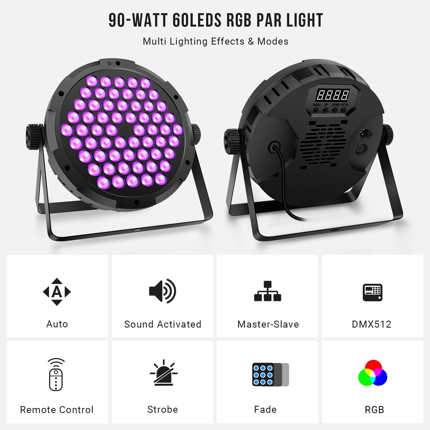 90W 60Leds Par Lights 2Pack - Rgb Stage Par Lights Sound Activated By Remote & Dmx Control Uplights For Events Church Wedding Mu