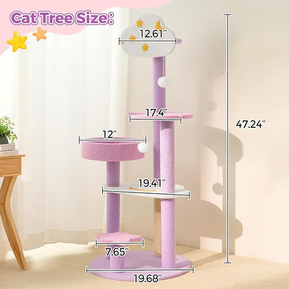 Moon Star Cat Tree, 47 in Tall Cat Cloud Tower with Cattery Sisal Scratching Post, Pink Purple Kittie Condo Cozy Fluffy 3 Pillars Kitten Tree for Small Meduim Cats Climbing Indoor Activity