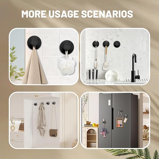 4Pcs Suction Cup Hooks, Wreath Hangers for Front Door, Strong Hold No Drill Hangers for Bathroom, Kitchen, Glass, Tile, Perfect for Wreaths (Black)