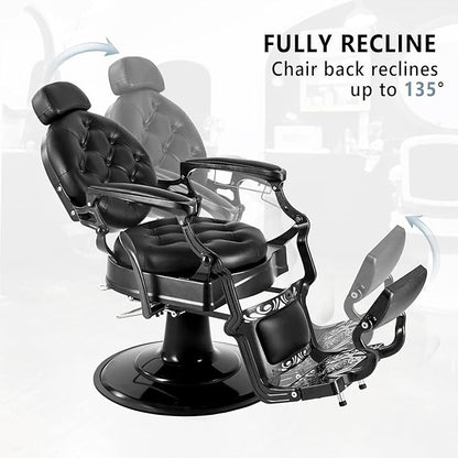 OmySalon Vintage Barber Chair All Purpose Heavy Duty, Hydraulic Recline Salon Beauty Styling Chair Retro Black, 360 Degree Swivel for Hair Stylist Tattoo, Round Base, Tufted Button