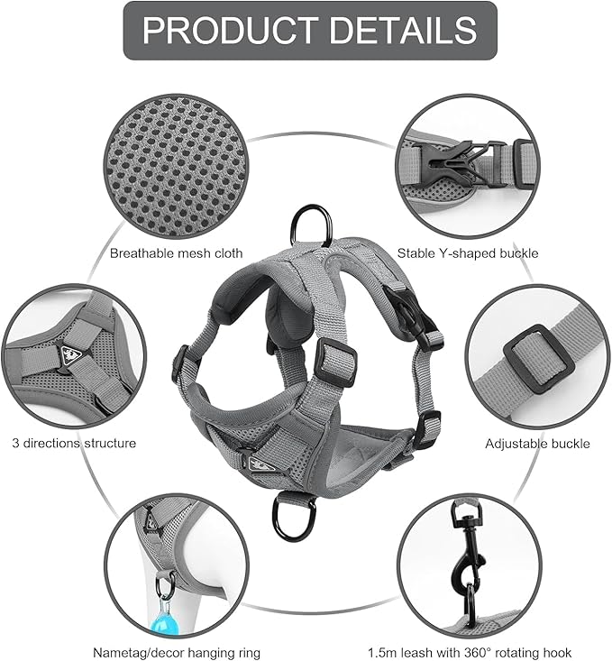 Cat Harness and Leash Set, Upgraded Escape Proof Adjustable Vest with Lead for Kitten Puppy Outdoor Walking, Soft Breathable Mesh Jacket with Reflective Strips for Dark Night, M, Gray