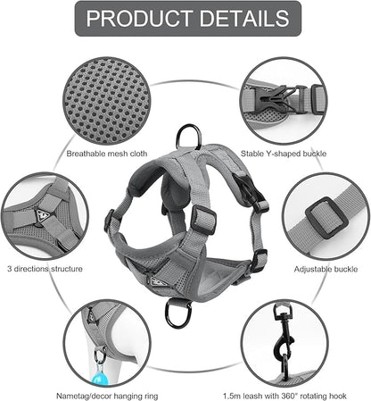 Cat Harness and Leash Set, Upgraded Escape Proof Adjustable Vest with Lead for Kitten Puppy Outdoor Walking, Soft Breathable Mesh Jacket with Reflective Strips for Dark Night, M, Gray