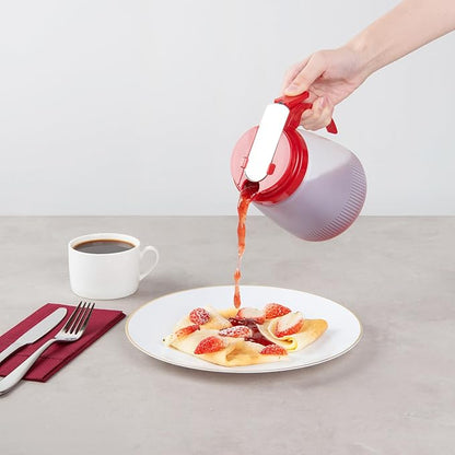 Restaurantware-Chef 101 32 Ounce All Purpose Syrup Dispensers, 10 Honey Dispensers - Red Top, Stainless Steel Slide Cover, Plastic Pancake Syrup Bottle, Perfect For Diners, Restaurants, Home