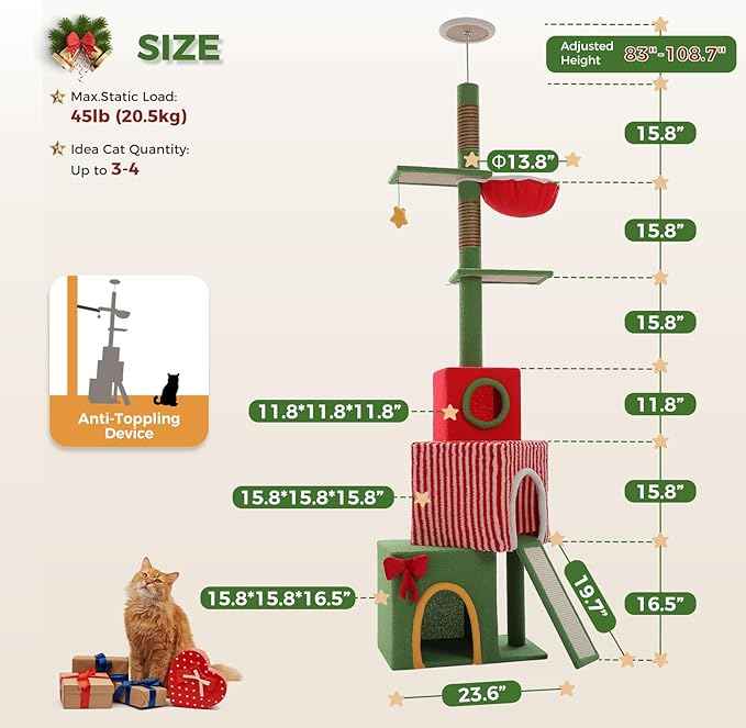 PEQULTI 83-108'' Floor to Ceiling Cat Tree for Large Adult Cats, Christmas Cat Tower with Adjustable Height with 3 Large Condos, Plush Hammock, Thick Scratching Posts, Red/Green