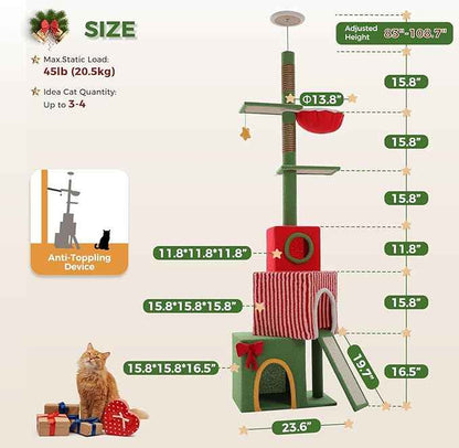 PEQULTI 83-108'' Floor to Ceiling Cat Tree for Large Adult Cats, Christmas Cat Tower with Adjustable Height with 3 Large Condos, Plush Hammock, Thick Scratching Posts, Red/Green