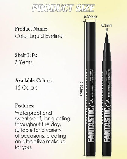 Black Matte Liquid Eyeliner Pencil, Colorful High Pigmented Waterline Eye liner Waterproof Pen, Bright Colored Smudgeproof Long Lasting Eyeliner Pen Christmas Party Festival Makeup Gift for Women-12