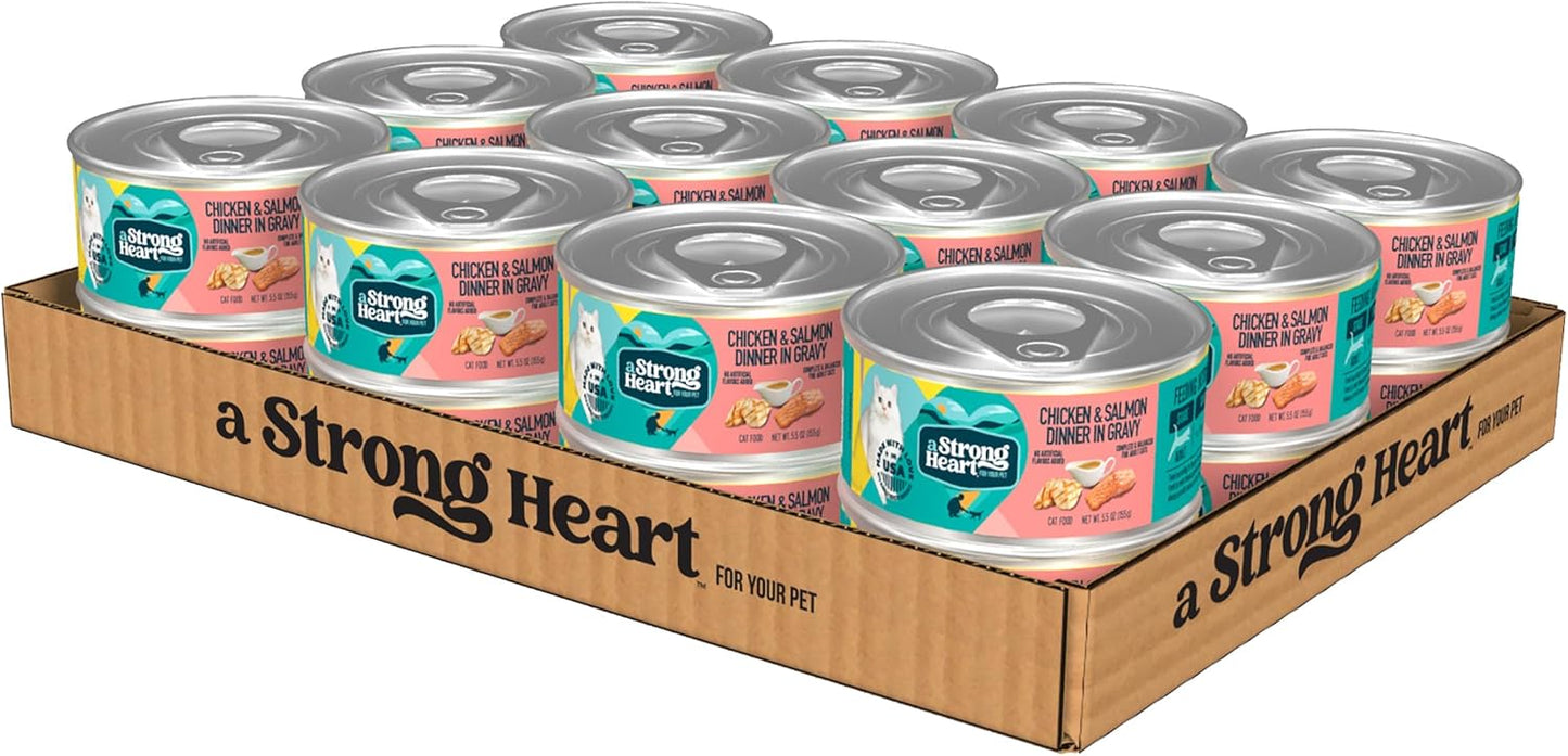 A Strong Heart Canned Wet Cat Food, Chicken & Salmon Dinner in Gravy - 5.5 oz Cans (Pack of 24), Made in The USA with Real Chicken & Salmon