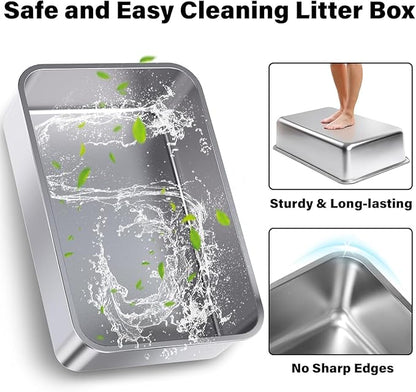 2Pack Stainless Steel Litter Box, XL Extra Large Cat Litter Boxes for Big Cats, Metal Litter Box with Lid High Sides, Leak-Proof, Never Absorbs Odors, Easy Cleaning, Non-Stick, Scoop Included