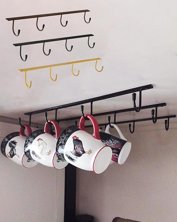 Mugs Hooks 3 Pcs Mug Holder Under Cabinet Coffee Hooks for Mugs Iron Hanging Mug Rack Under Shelf Kitchen Dining Bar Organizer Rack - Bronze