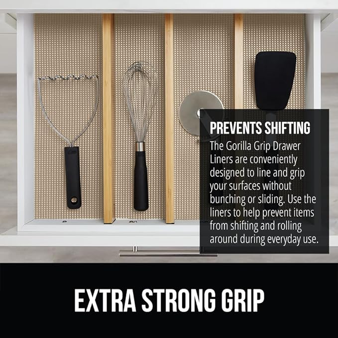 GORILLA GRIP powerGRIP Drawer Shelf and Cabinet Liner, Thick Strong Hold, Non-Adhesive Liners Protect Kitchen Cabinets and Cupboard, Bathroom Drawers, Easy Install, Breathable Mat, 20" x30', Beige