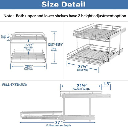 ROOMTEC Individual Pull Out Cabinet Organizer (28½" W x 21½" D), 2 Tier Spice Rack Organizer for Cabinet, Slide Out Drawer Pantry Shelf Organization and Storage for Kitchen Bathroom