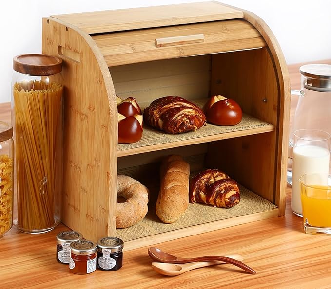 G.a HOMEFAVOR Bread Box, 2 Layer Bamboo Bread Boxes for Kitchen Food Storage, Large Capacity Bread Keeper Roll Top with Removable Layer, 15" x 9.8" x 14.2", 15 mm Thickness (Self-assembly)