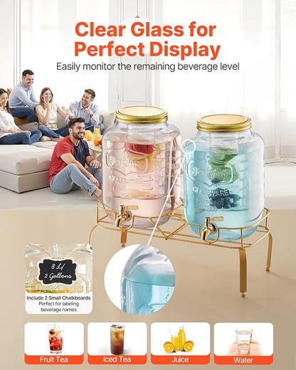 VEVOR Beverage Dispenser, 2 Pack 2 Gallon Drink Dispensers for Parties, Glass Juice Dispenser with Metal Stand, Stainless Steel Spigot, Infuser, Iced Tea Lemonade Juice Water Dispensers for Parties