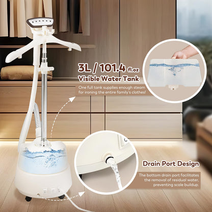CGOLDENWALL Commercial Upgraded Standing Garment Steamer for Clothes with Drain Port 1650w Continuous 70 mins Powerful Steam 30s Fast Heat-up,Include Fabric brush, Ironing pad, Gloves,Trouser Clips