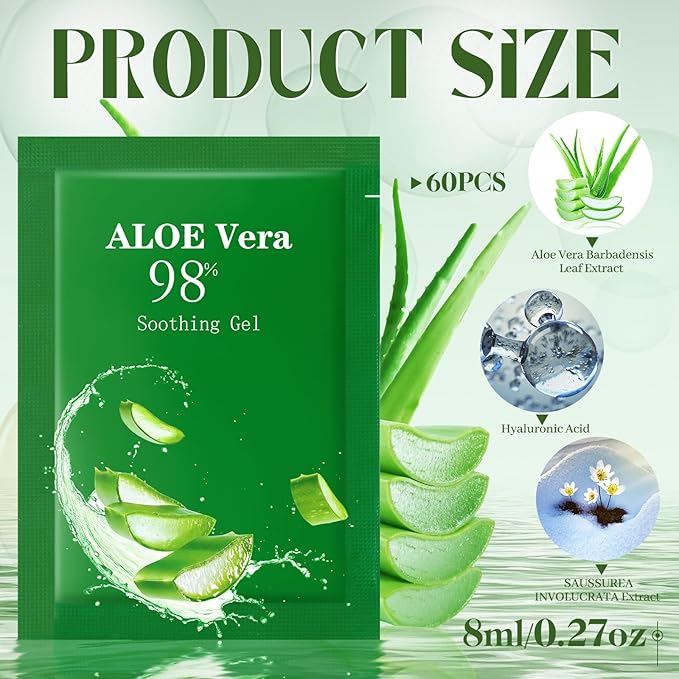60 Pcs Travel Size Aloe Vera Gel 98% Organic After Sun Moisturizer for Face, Body, Soothing Hydrating Lotion Bulk for Winter Vacation, Guests Skin Care Gifts