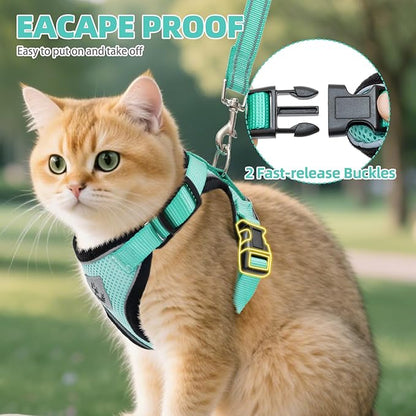 PUPTECK Cat Harness and Leash Set Escape Proof Reflective Cat Walking Harness Adjustable Soft Breathable Mesh Vest for Small Pets, Aquamarine, L
