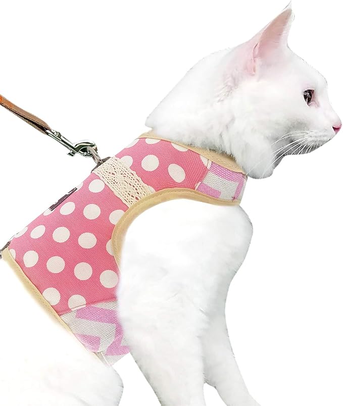 Cat Harness and Leash for Walking Escape Proof, Adjustable Cat Walking Jackets, Padded Stylish Cat Vest Polka Dot Pink, Large