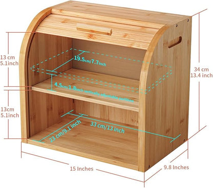 G.a HOMEFAVOR Bread Box, 2 Layer Bamboo Bread Boxes for Kitchen Food Storage, Large Capacity Bread Keeper Roll Top with Removable Layer, 15" x 9.8" x 14.2", 15 mm Thickness (Self-assembly)