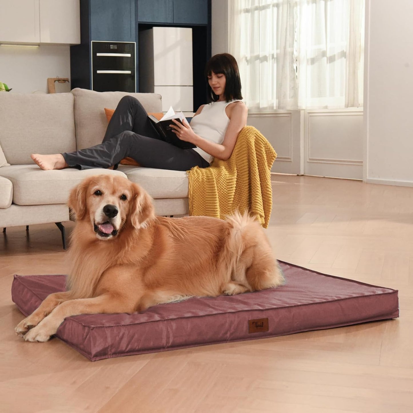 Outdoor Extra Large Dog Crate Bed, Big Waterproof Dog Bed for Large Dogs, Orthopedic Egg Foam Pet Bed Mat with Removable Cooling Cover, Pink