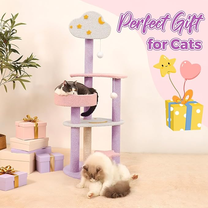 Moon Star Cat Tree, 47 in Tall Cat Cloud Tower with Cattery Sisal Scratching Post, Pink Purple Kittie Condo Cozy Fluffy 3 Pillars Kitten Tree for Small Meduim Cats Climbing Indoor Activity