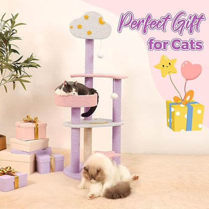 Moon Star Cat Tree, 47 in Tall Cat Cloud Tower with Cattery Sisal Scratching Post, Pink Purple Kittie Condo Cozy Fluffy 3 Pillars Kitten Tree for Small Meduim Cats Climbing Indoor Activity